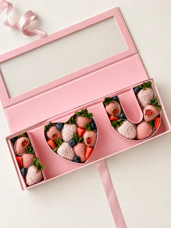 Клубничный бокс "I LOVE U" PINK 3.0 — «Клубничный бокс I LOVE U PINK 3.0» — клубничная композиция в коробке Dolce Sweets из 3 ягод клубники, 14…